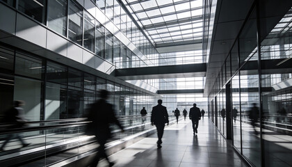a modern architectural interior showcases a long hallway with blurred figures walking illuminated by a bright skylight above and glass