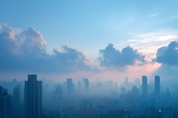 Fototapeta premium City skyline buildings emerging through morning smog