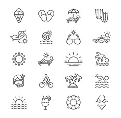 Collection of summer vacation and beach holiday outline icons. © Neko funny