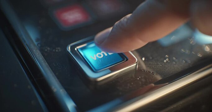 A finger presses a blue vote button on a sleek electronic voting machine in a dimly lit environment.