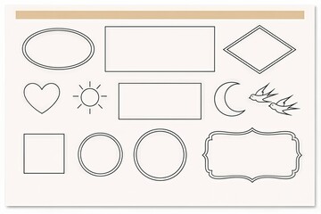 Graphic design elements featuring various shapes and symbols such as hearts, suns, moons, and frames arranged in a creative layout on a soft pastel background for artistic inspiration