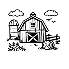 Obraz premium Farm Barn and Silo Line Art Drawing