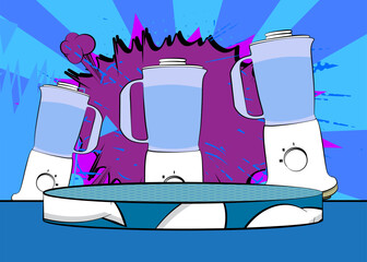 Comic Book Product podium stage for mockup presentation with Food Blender. Retro comics background.