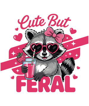 Cute Feral Raccoon Strawberry Drink Illustration T-shirt Design