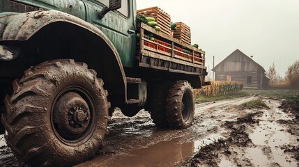 Rugged farm truck with large tires parked on muddy ground with crates of vegetables stacked in the back and a rustic farmhouse visible through the mist in the background