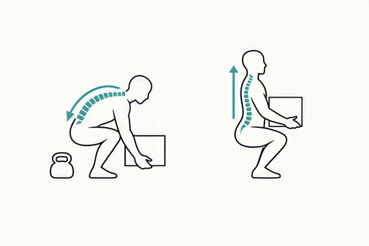 Proper lifting technique illustration demonstrating the biomechanics of back support and core engagement to prevent injury during manual handling and enhance physical safety