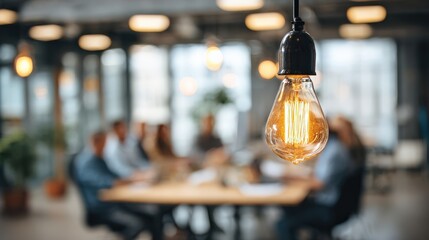 Modern office meeting with glowing Edison bulb and diverse team brainstorming