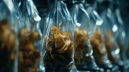Multiple clear plastic bags filled with sliced, fried root vegetables hang in a row on a production line.