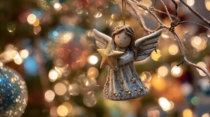 Ceramic angel ornament holding a sparkling star hangs from a decorated holiday tree