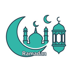 Obraz premium Ramadan Kareem crescent moon, mosque, lantern and Arabic text illustration