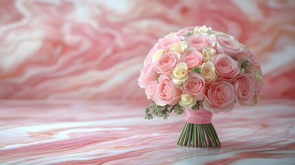 Romantic bouquet of pink and white roses in a clear vase, soft lighting