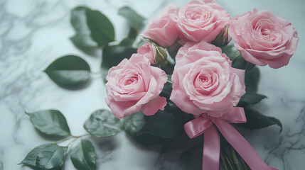 A close-up of delicate pink roses surrounded by lush green leaves, evoking beauty and tranquility