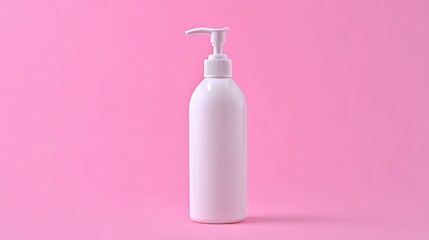 Plain white dispenser bottle stands centered against a vibrant solid pink background