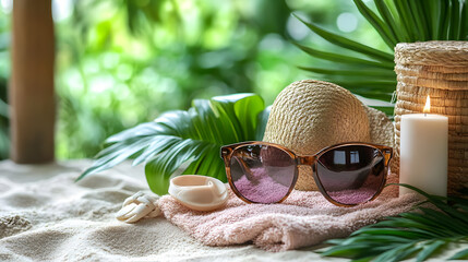 A stylish hat and sunglasses rest on a towel beside a serene swimming pool, inviting relaxation and leisure under the sun