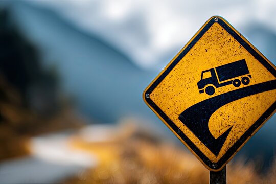 A yellow road sign warns of a steep downhill grade ahead, featuring a truck illustration