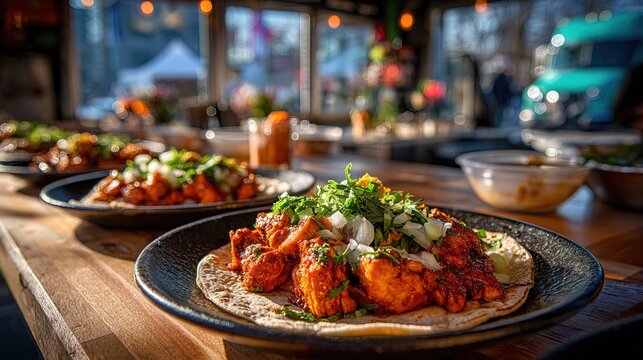 Delicious and Appetizing Chicken Tinga Taco on Rustic Wooden Table Setup