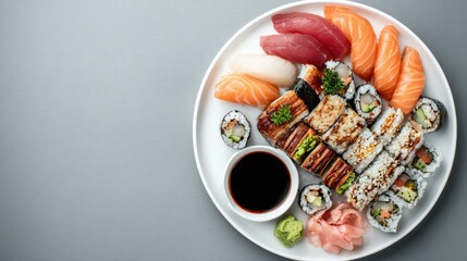 Elegant sushi platter with nigiri and maki on white plate, top-down view