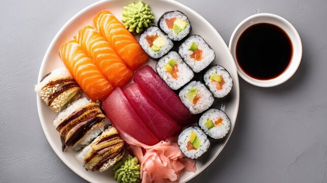 Elegant sushi platter with nigiri and maki on white plate, top-down view - Powered by Adobe