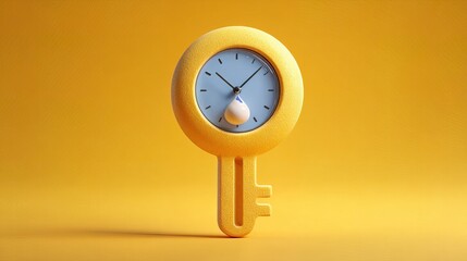 Minimalist 3D Rendered Clock Key with Water Drop on Yellow Background