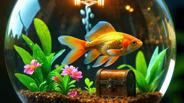 A goldfish swims in a mini indoor aquarium inside a light bulb on a table.
