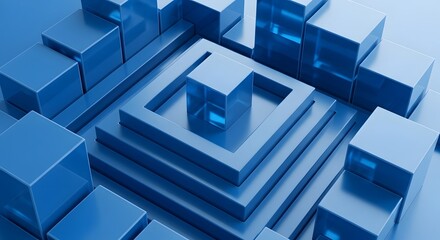 Abstract 3D geometric structure of blue translucent cubes with central elevation for digital art and design visuals