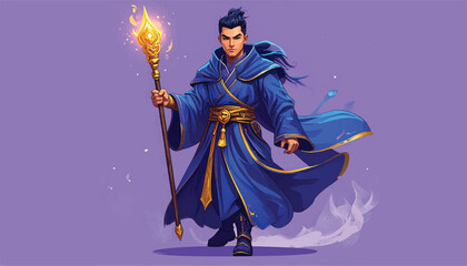 Mystical Mage with Flaming Staff - A Fantasy Character Illustration.