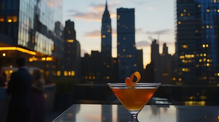 Rooftop bar scene at dusk featuring a Manhattan cocktail with an orange twist surrounded by city skyscrapers glowing in the twilight and people mingling in fashionable attire