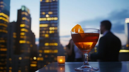 Rooftop bar scene at dusk featuring a Manhattan cocktail with an orange twist surrounded by city skyscrapers glowing in the twilight and people mingling in fashionable attire