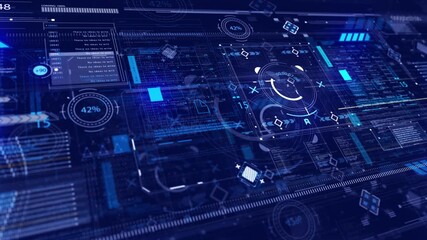 Futuristic digital interface displaying complex data streams code and analytical with glowing blue and progress indicators representing technology innovation and system monitoring - Powered by Adobe