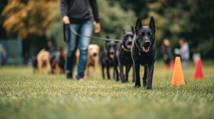 Pet obedience class on grassy field with trainer guiding dogs and cones