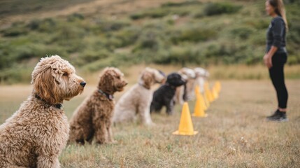 Pet obedience class on grassy field with trainer guiding dogs and cones