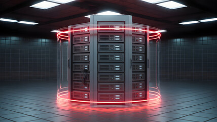 Cylindrical Server Rack with Neon Red Accents in Dark Data Center Room - 3D Rendering