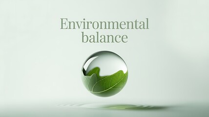 A reflective green leaf on a silver sphere with environmental balance text