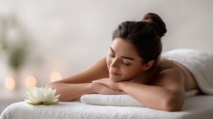 Woman receiving gentle back massage on spa table with lotus flower and soft light
