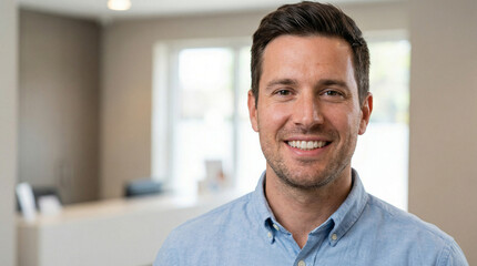 Smiling man with short hair wearing a blue shirt in modern office  