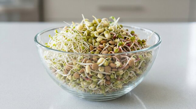Glass bowl filled with mixed sprouts on kitchen countertop  