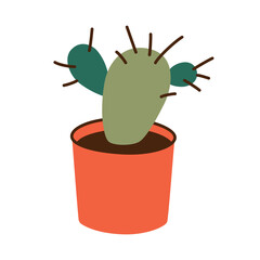 Cute cactus in a pot drawn in simple doodle style. Friendly smiling plant with soft shapes, childlike illustration for kids designs, stickers, nursery decor and playful creative projects