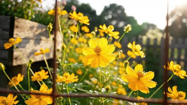 Bright yellow cosmos flowers with droplets of water growing in a garden under the sun and behind a wire fence