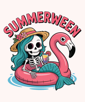 Summerween Skeleton Mermaid Flamingo Pool Party Cute Art A Bigfoot illustration T-shirt Design