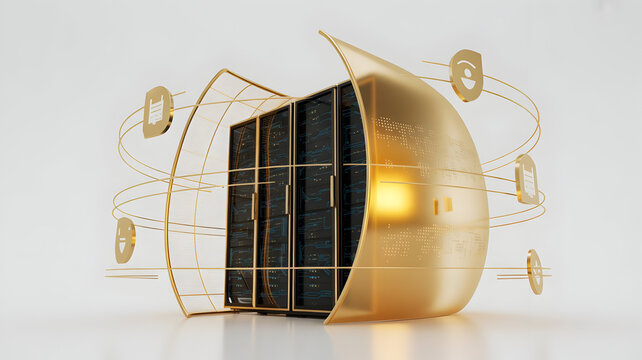 Golden Server Rack with Bitcoin Symbols in 3D Isometric Style - Cryptocurrency Data Center Concept - Powered by Adobe