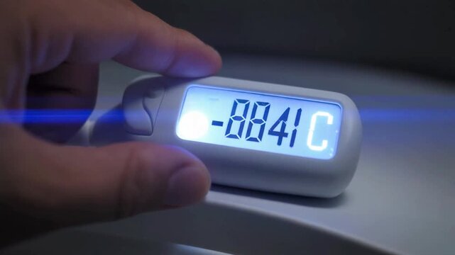 Researcher placing a digital temperature probe at extreme sub-zero levels with frost forming on crystal surfaces, 4K.