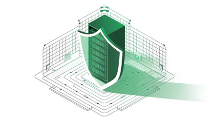 Isometric Server Shield Protection Concept - Secure Data Center Illustration with Green Accents and Grid Pattern