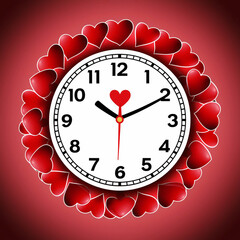 Decorative wall clock with a large red heart face and a frame of smaller hearts