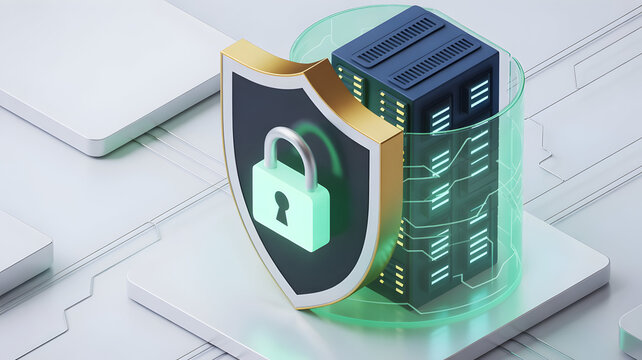 Secure Server Database Protection Concept with Shield and Padlock 3D Isometric Illustration for Cybersecurity