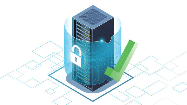 Secure Server Illustration with Padlock and Checkmark - Isometric Vector Graphic for Cybersecurity Concepts