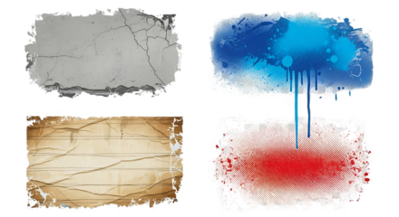 Set of grunge textures and abstract paint splatters isolated on transparent background