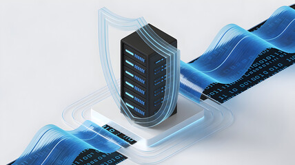 Secure Server Protection Concept with Shield Icon and Binary Code Data Flow Isometric 3D Illustration
