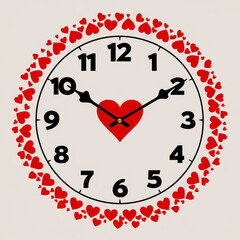 Decorative wall clock with a large red heart face and a frame of smaller hearts