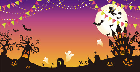 Seamless Happy Halloween Vector Background Illustration With A Haunted Mansion, Haunted Trees, Ghosts, And A Witch Flying Across The Full Moon. Horizontally Repeatable.

