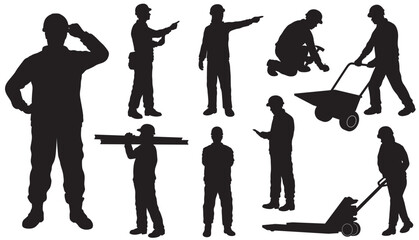 Set Of Black And White Construction Workers Silhouette Illustrations Isolated On A White Background.